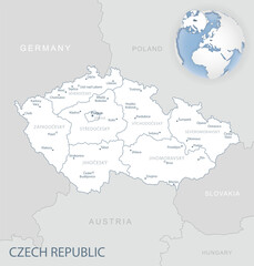 Blue-gray detailed map of Czech Republic administrative divisions and location on the globe. Vector illustration