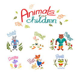 Forest animals with cute characters on a white background in isolation