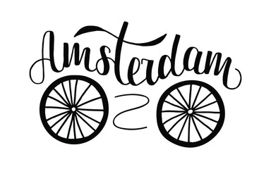 Fototapeta na wymiar Vector illustration of word Amsterdam in black color with bicycle wheels icon for souvenir products, icon or emblem, screensaver for site, article and advertising. Hand drawn lettering