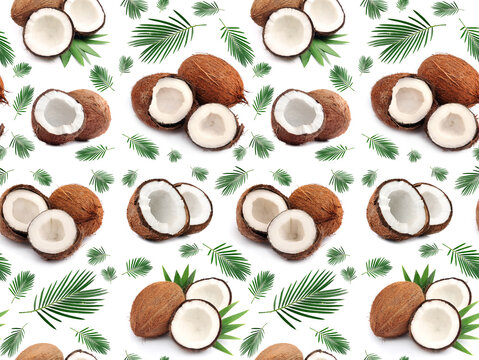 Coconut with palm leaves.