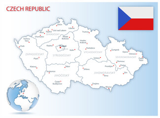 Fototapeta premium Detailed map of Czech Republic administrative divisions with country flag and location on the globe. Vector illustration