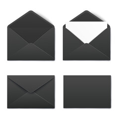 Mockup set of black opened and closed blank envelopes realistic style