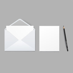 Mockup of white envelope and blank sheet of paper and pencil realistic style