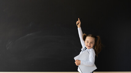 Young girl in the classroom. She is standing in front of a black and clean board. In her hands is a notebook. Place for an inscription. Education concept.