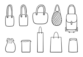Different outline style bags big set isolated illustration on white background