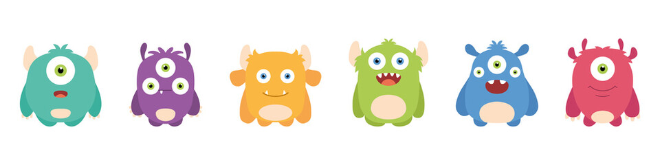 Set of cute monsters. Cartoon characters. Flat style. Vector illustration
