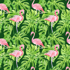 Watercolor illustration seamless pattern of tropical leaves and pink flamingo. Perfect as background texture, wrapping paper, textile or wallpaper design. Hand drawn