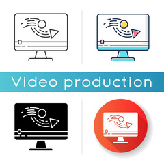 Animation making icon. Video production process. Digital content editing. Motion graphic creating. Film making. Linear black and RGB color styles. Isolated vector illustrations