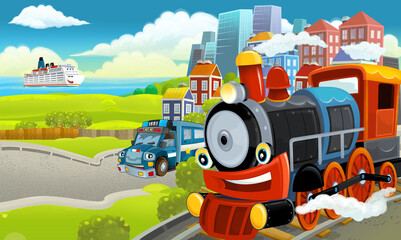 Cartoon funny looking steam train locomotive near the city with cars - illustration