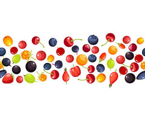 Naklejka na ściany i meble Single berries collection horizontal seamless texture background: cherry, rosehip, strawberry, acai, raspberry, cranberry, blueberry, goji, blackberry. Vector illustration flat icon set, isolated.