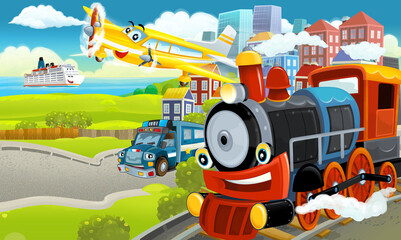 Obraz na płótnie Canvas Cartoon funny looking steam train locomotive near the city with cars and plane flying by - illustration