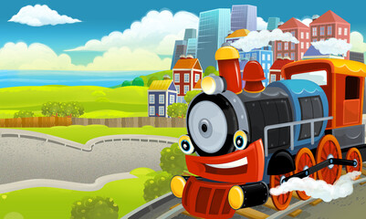 Cartoon funny looking steam train locomotive near the city with cars - illustration