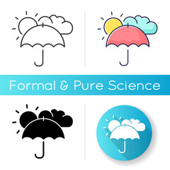 Meteorology icon. Natural science, weather forecasting. Linear black and RGB color styles. Scientific study of atmosphere. Umbrella with sun and cloud isolated vector illustrations