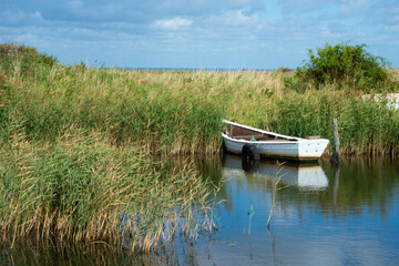 einsames Fischerboot im Schilf auf einem See