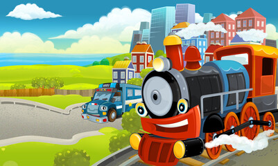 Cartoon funny looking steam train locomotive near the city with cars - illustration