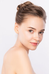 Fototapeta premium Beauty Woman face Portrait, Beautiful Young Woman with Clean Fresh Healthy Skin, Facial treatment. Cosmetology, beauty and spa, isolated on white background.