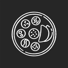 Indian thali chalk white icon on black background. Traditional cuisine. Asian culture. Food habits of India. Chapati bread with sauces. Flatbreads on plate. Meal serving. Isolated vector chalkboard