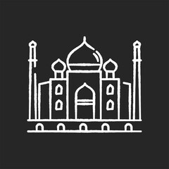 Taj Mahal chalk white icon on black background. White marble mausoleum. Historical monument. Mughal architecture. Cultural heritage. Tourist attraction. Wonder of world. Isolated vector chalkboard