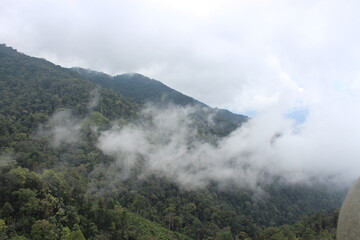 Clouds descending on lush green mountains