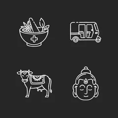 Fototapeten Indian culture chalk white icons set on black background. Ayurveda. Alternative medicine. Auto rickshaw. Holy cow. Sacred animal. Gautama Buddha. Founder of Buddhism. Isolated vector chalkboard © bsd studio