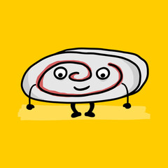 Happy sweet creamy roulade slice character with smile on face. Swiss roll drawing isolated on yellow background. Hand drawn vector illustration of a dessert mascot.