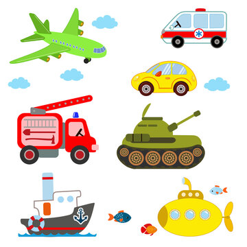 A set of children's cars: airplane, car, tank, fire truck, ship, submarine. Multi-colored images of vehicles for children's games. Stickers, cards.