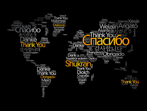 Thank You in different languages word cloud in shape of World Map, concept background