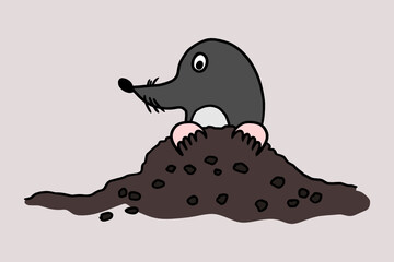 Cartoon mole animal character mascot in a molehill. Funny comic childish drawing. Isolated vector illustration. Mole is a small insectivorous sightless rodent.