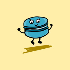 Naklejka premium Cute happy macaroon in blue color is dancing. Vintage character of a tasty dessert with smile.