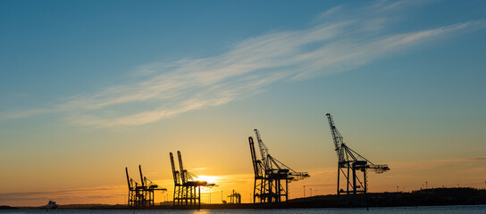Fototapeta na wymiar Ship to shore container cranes at sunset