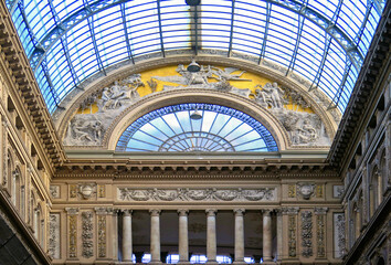 interior architectural details of Umberto I gallery in Naples, Italy. It is a public shopping gallery built in 1887-1891.classic liberty architecture and old buildings in Napoli
