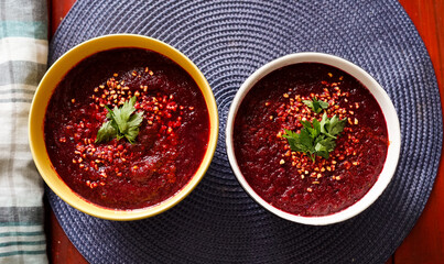 Bowl of tomato and Beet cream soup