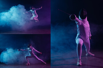 Collage of fencer training on black background with smoke and lighting