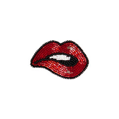 Fashionable bead brooch in form of sensual female lips isolated on white background. Pop art style. For collages, moodboards. Flat lay, copy space. Concept trends, fashion, style, DIY, needlework.