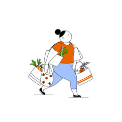 Young woman with grocery shopping.Linear cartoon flat vector illustration.