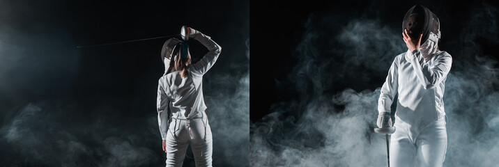 Collage of fencer holding fencing mask and rapier on black background with smoke