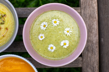 Gesunde Zucchini Suppe Bio Garniert mit Gänseblümchen