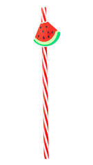 Single yellow drinking cocktail  straw decorated with watermelon isolated on white background.