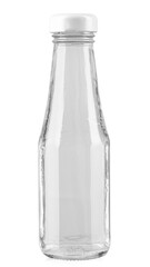 Empty glass bottle with white cover isolated on white background.