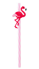 Single yellow drinking cocktail  straw decorated with pink flamingo isolated on white background.