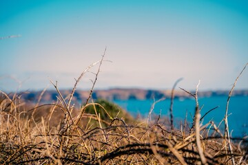 Obraz premium Blurred view of the cliffs of the Brittany coast near the Petit Minou lighthouse near Brest on the Brittany coast in France
