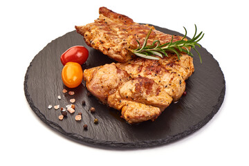 Grilled juicy pork steak, BBQ dishes, isolated on white background