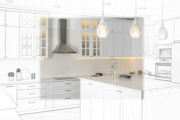 Modern kitchen with stylish white furniture. Illustrated interior design