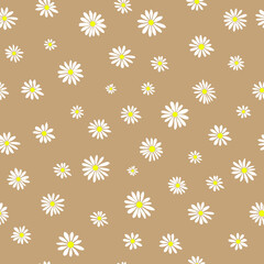 Daisies Pattern for clothes Graphic Vector Print. White daisies seamless vector pattern on a brown background. Daisy in flat design. Simple daisy flower hand-drawn. Vector illustration. Floral patter