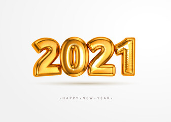 Realistic 3D 2021 gold foil balloon flying in the air isolated on white background. Concept design for christmas and new year decorate element or banner, poster, greeting card