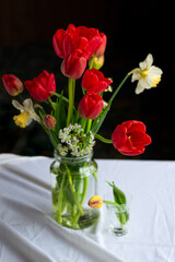 Still life with bouquet of red tulips and daffodils