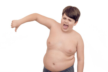 Obraz premium Overweight boy c with negative emotion on a white isolated background. Concept of obese in children.