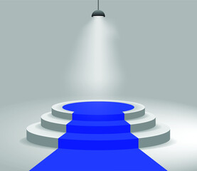 Fototapeta premium The blue carpet on white winner podium in the studio. 