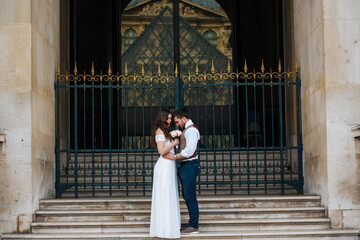 Obraz premium Happy bride and groom enjoying their wedding in Paris