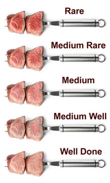 Delicious sliced beef tenderloins with different degrees of doneness on white background, top view